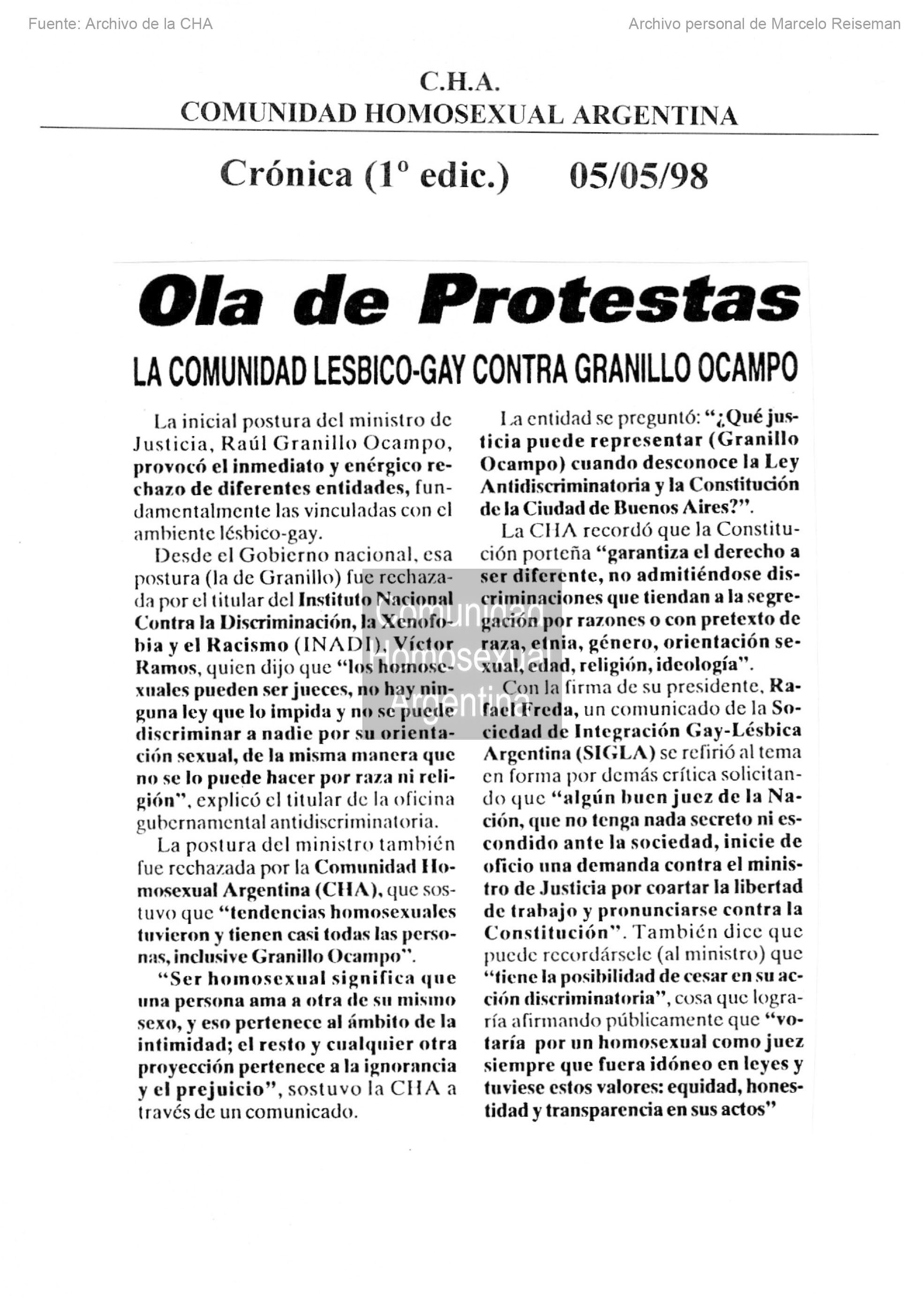 Ola de protestas la comunidad lésbico-gay contra Granillo Ocampo · Archivos  históricos de la CHA · Archivo Histórico de la Comunidad Homosexual  Argentina